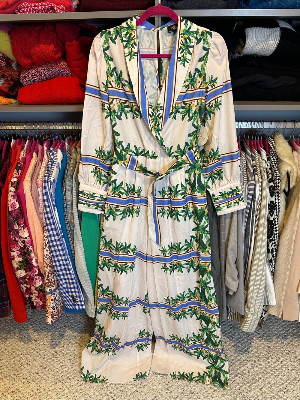 Milk & Honey ivory/geen palm tree print long sleeve belted jumpsuit size S NWT